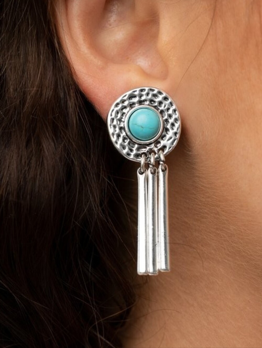 Turquoise Silver Tassel Drop CLIP ON  Earrings - Women Jewelry